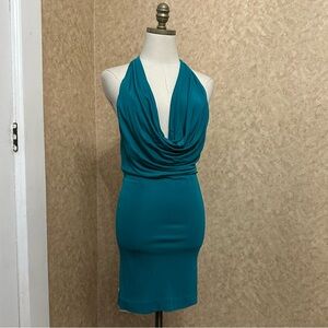 NWT Bebe Teal Turquoise Low Open Back Cowl Neck Draped Halter Bodycon Dress